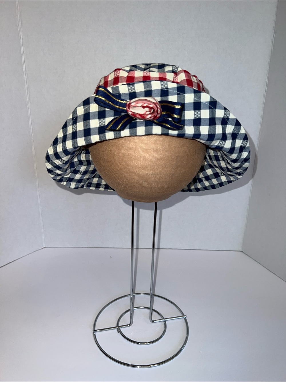 Vintage Kids Navy and Red Gingham Bucket Hat with Bow Accent Size 4-6x